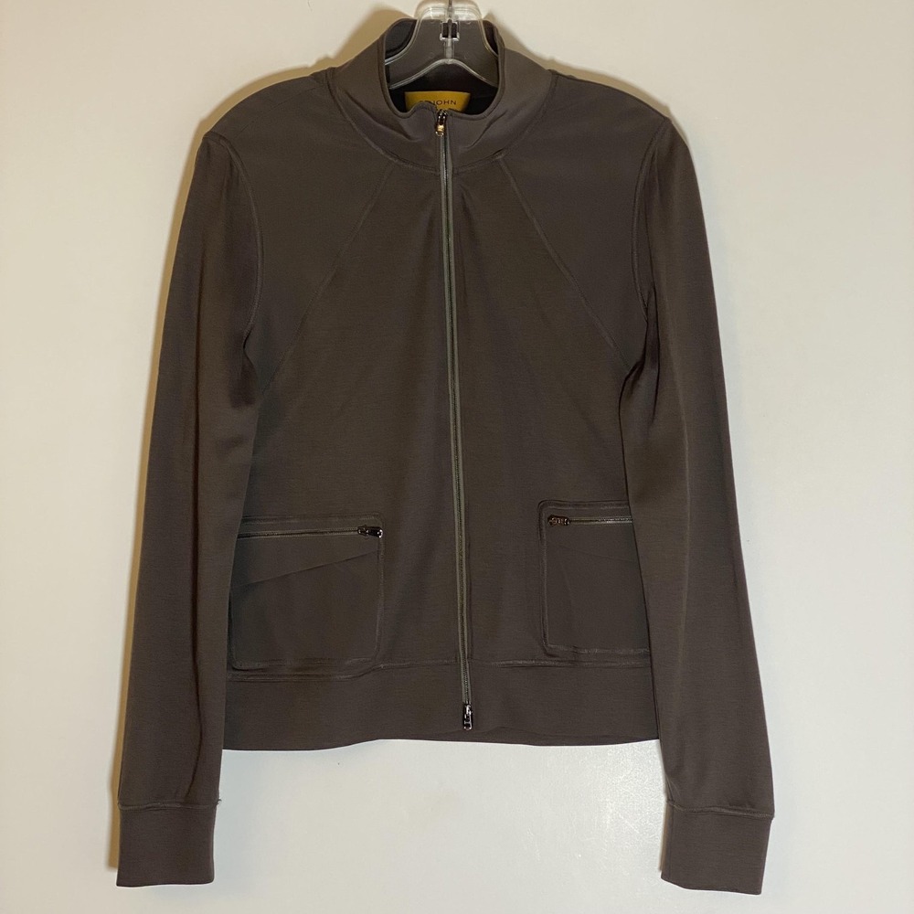 St John Jacket Womens Medium Brown Stretch Full Zip Pockets Unlined Logo Jersey